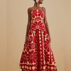 Farm Rio Red Palermo Linen Sleeveless Midi Dress Size M